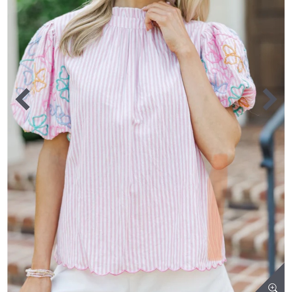 BiBi Pink Blouse with Ruffled Neckline and Puff Sleeves

This is TTS